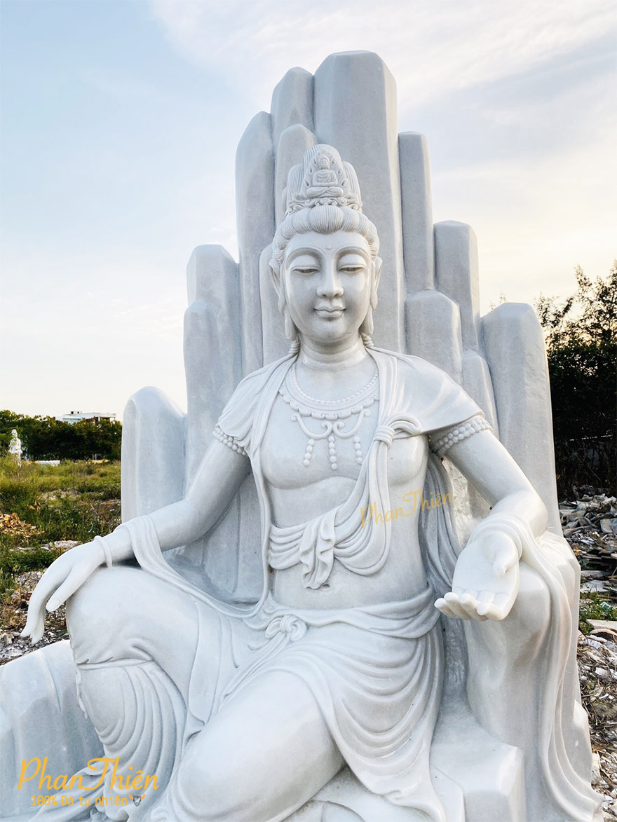 Tượng Phật Quan Âm Ngồi Tự Tại Đá Cẩm Thạch Trắng (QA-23)