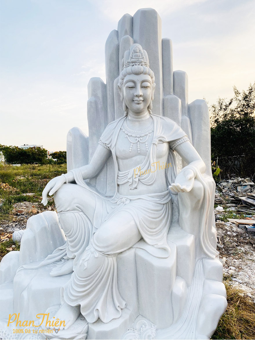 Tượng Phật Quan Âm Ngồi Tự Tại Đá Cẩm Thạch Trắng (QA-23)