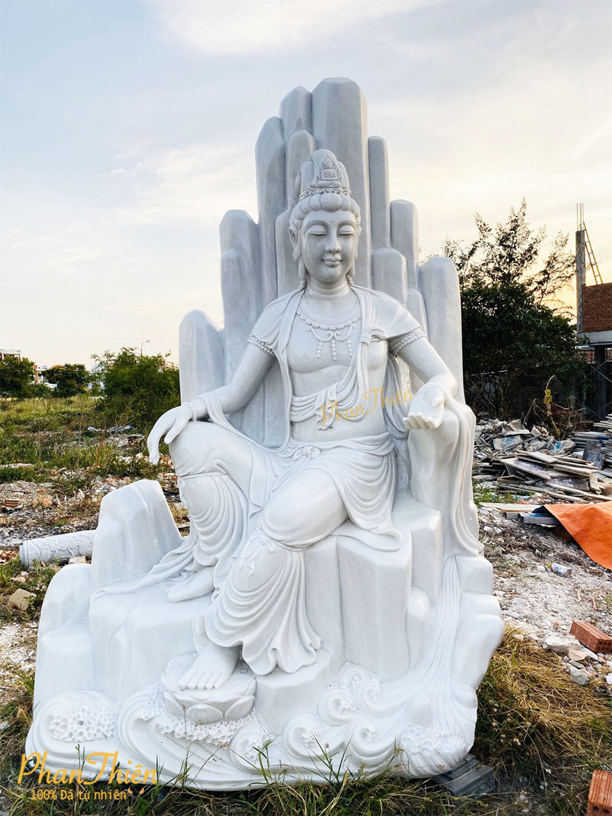 Tượng Phật Quan Âm Ngồi Tự Tại Đá Cẩm Thạch Trắng (QA-23)