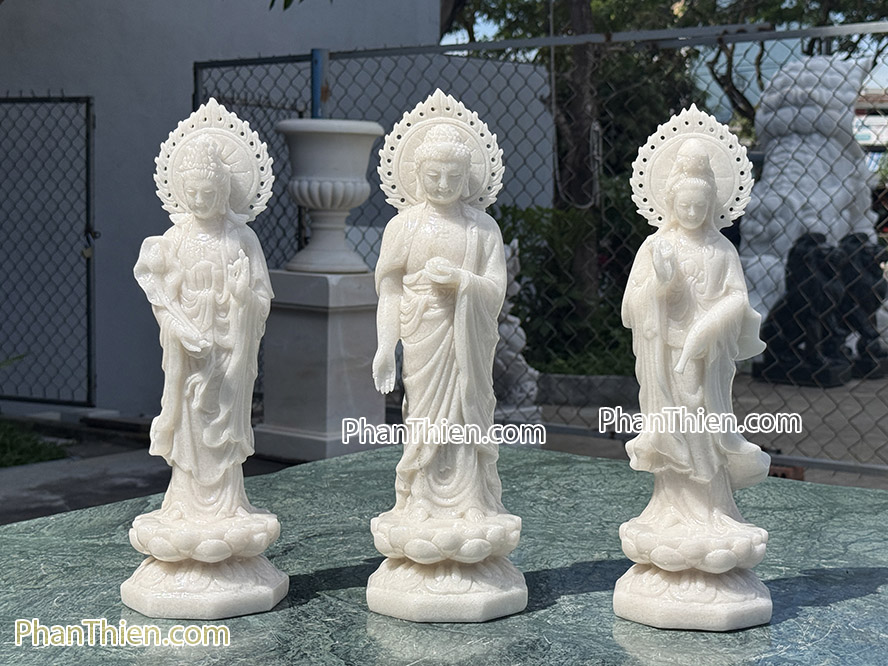 Tượng Phật Tây Phương Tam Thánh bằng đá trắng 41cm - TPT-10