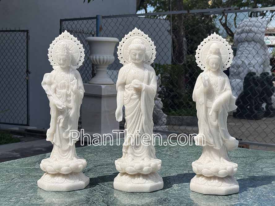 Tượng Phật Tây Phương Tam Thánh bằng đá trắng 41cm - TPT-10