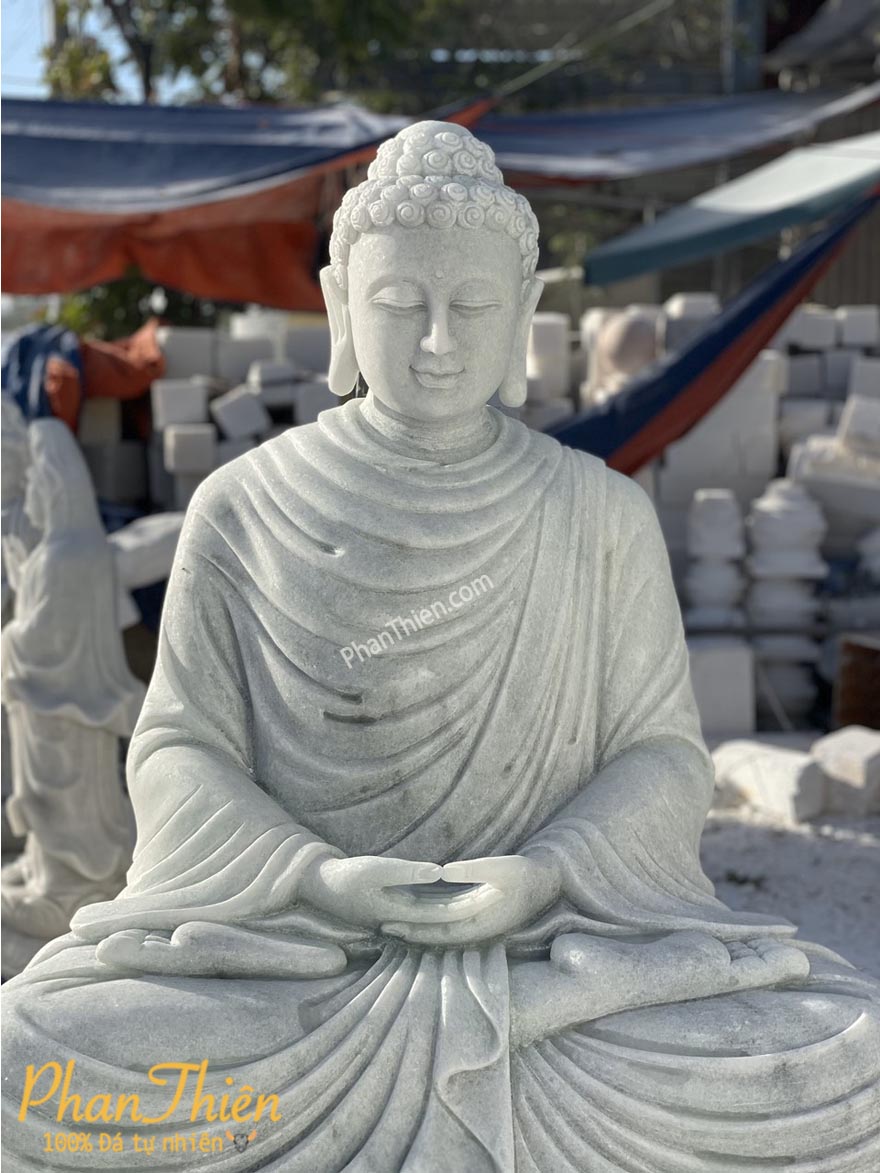 Tượng Phật Thích Ca ngồi Đá Trắng Xanh nhẹ (TC-30)