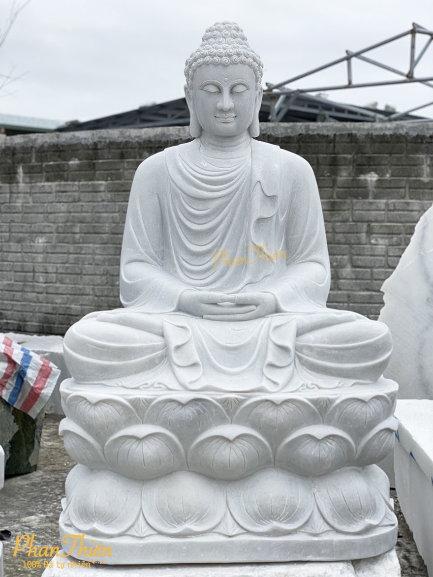Tượng Phật Thích Ca Ngồi Đài Sen Đá Cẩm Thạch Trắng (TC-19)