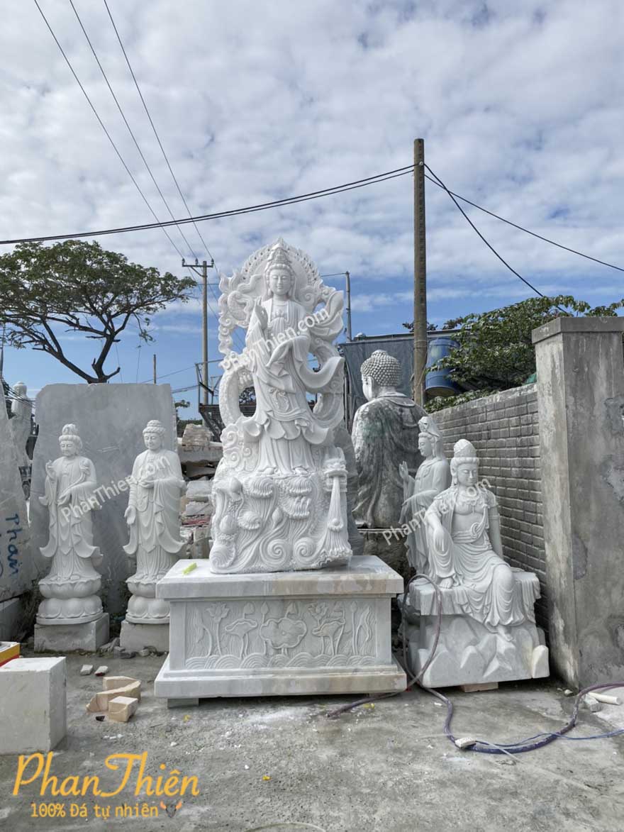Tượng Quan Âm Cưỡi Rồng Đá Cẩm Thạch Trắng (QA-54)