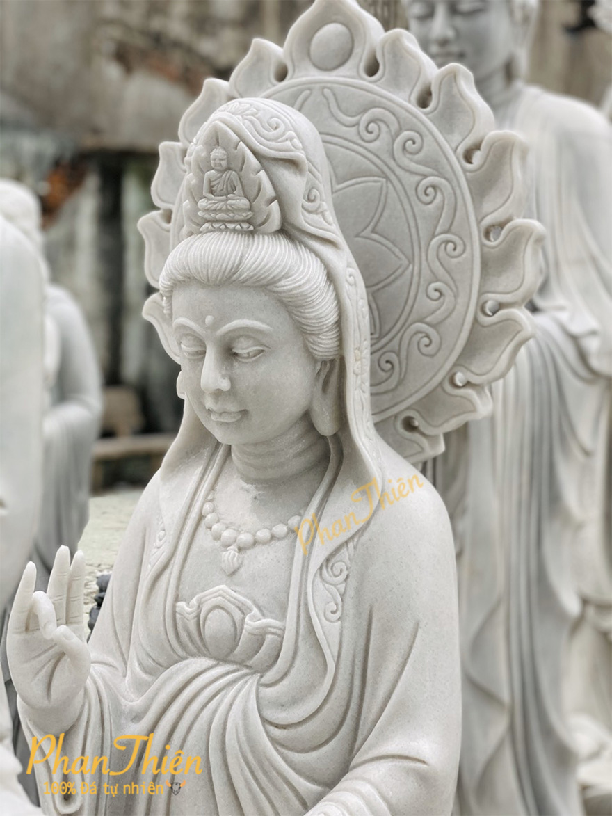 Tượng Phật Quan Âm Đá Cẩm Thạch Trắng có Hào Quang (QA-08)