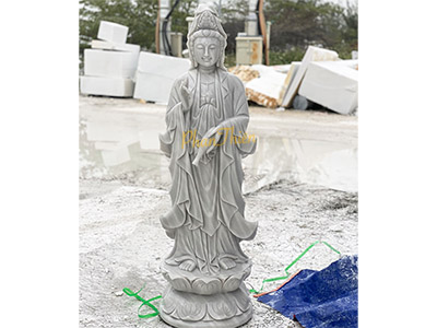 Tượng Quan Âm đứng Đài Sen Đá Trắng Xám Mịn (QA-30)