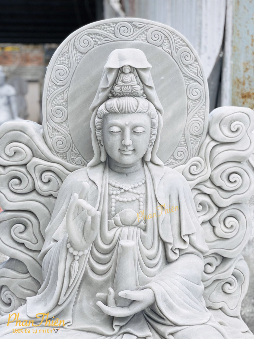 Tượng Quan Âm Ngồi Tự Tại Đá Cẩm Thạch Trắng (QA-21)