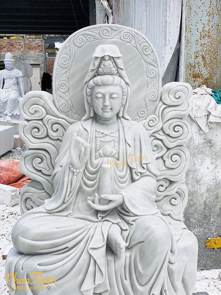 Tượng Quan Âm Ngồi Tự Tại Đá Cẩm Thạch Trắng (QA-21)