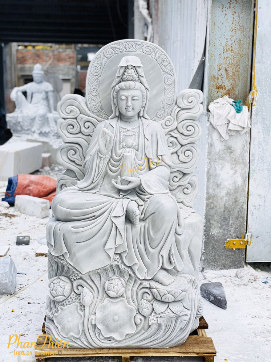 Tượng Quan Âm Ngồi Tự Tại Đá Cẩm Thạch Trắng (QA-21)
