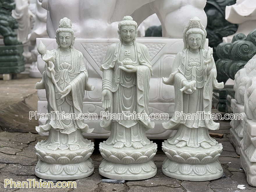 Bộ Tượng Tây Phương Tam Thánh đá Cẩm thạch trắng xanh đẹp 68cm (TPT-08)