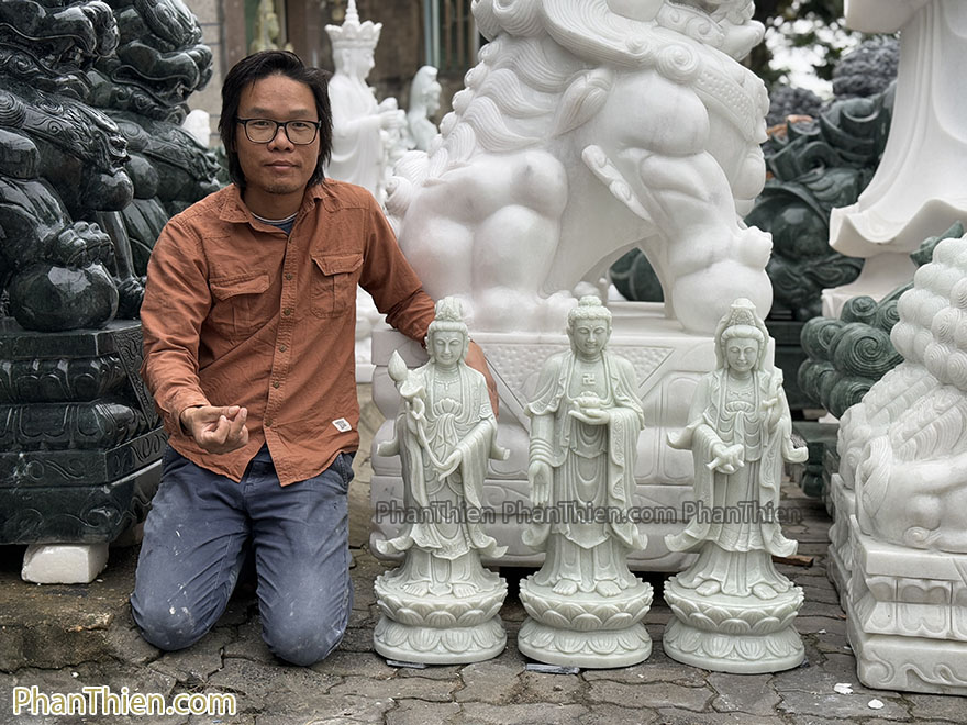 Bộ Tượng Tây Phương Tam Thánh đá Cẩm thạch trắng xanh đẹp 68cm (TPT-08)