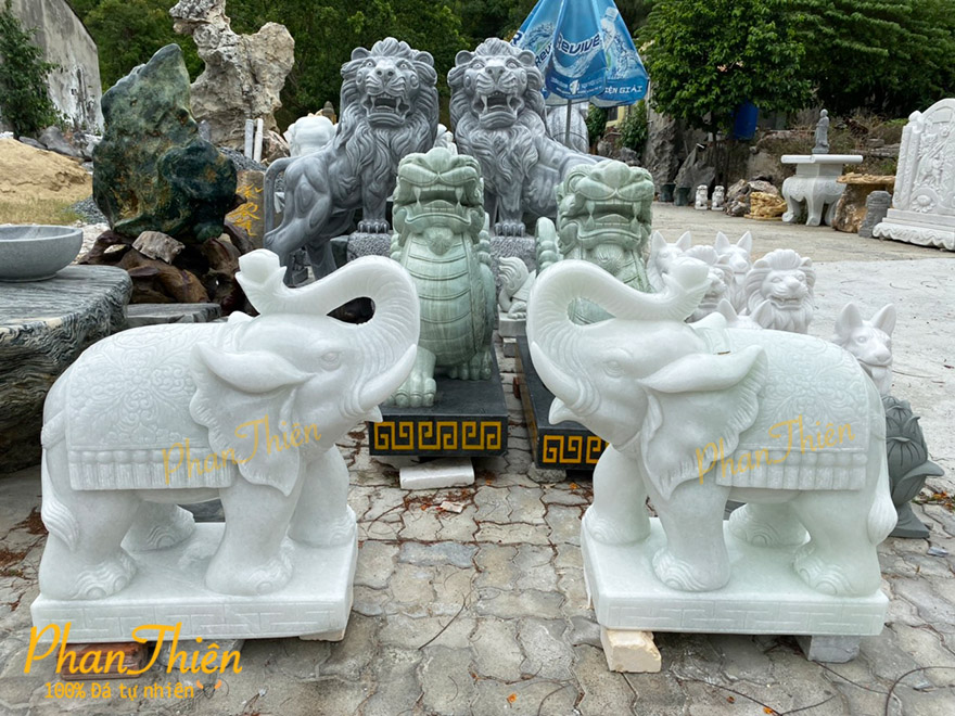 Tượng Voi Đá Cẩm Thạch Trắng Xanh (VOI-32)