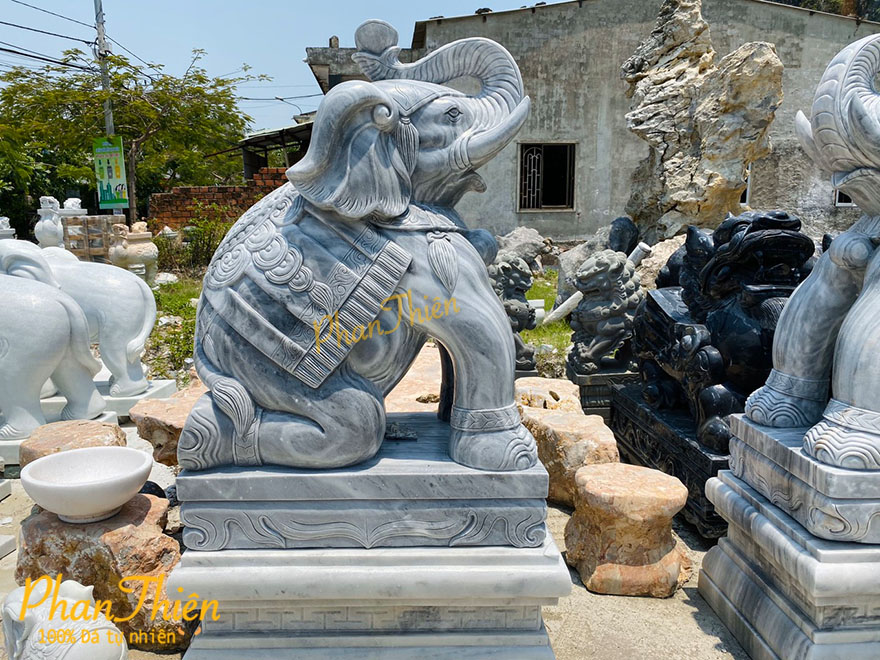 Tượng Voi Ngồi Đá Cẩm Thạch Đen Xám (VOI-30)