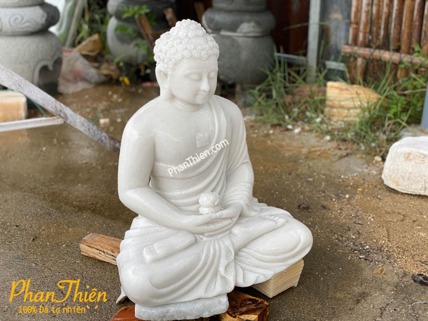 Tượng Phật A Di Đà Ngồi Không Đế Đá Cẩm Thạch Trắng 