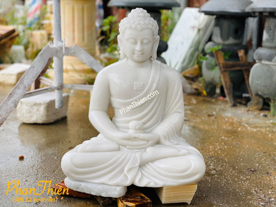 Tượng Phật A Di Đà Ngồi Không Đế Đá Cẩm Thạch Trắng 