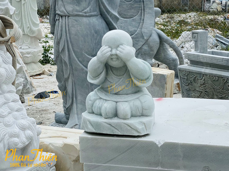 Tượng Chú Tiểu Tứ Không Đá Cẩm Thach Trắng Trong Xanh (CT-06)