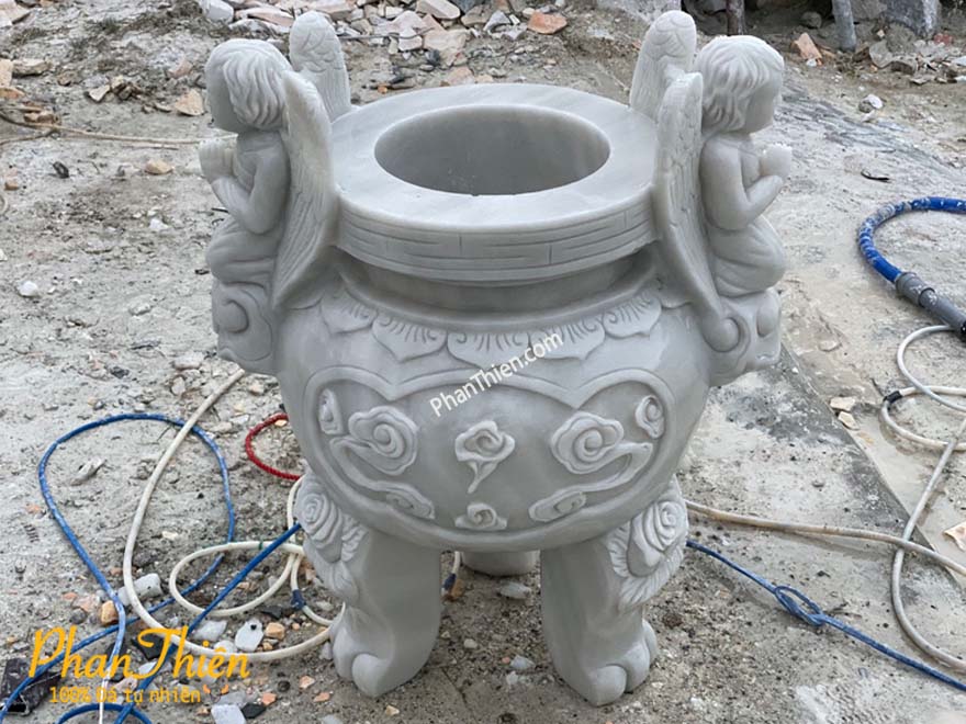 Lư Hương Thiên Thần Công Giáo Đá  Trắng Xám Mịn