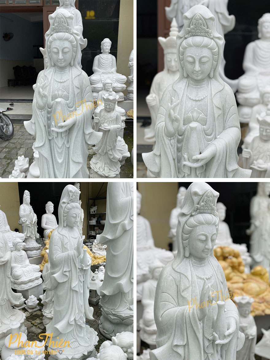 Tượng Phật Quan Âm Đá Cẩm Thạch Trắng Xanh (QA-10)