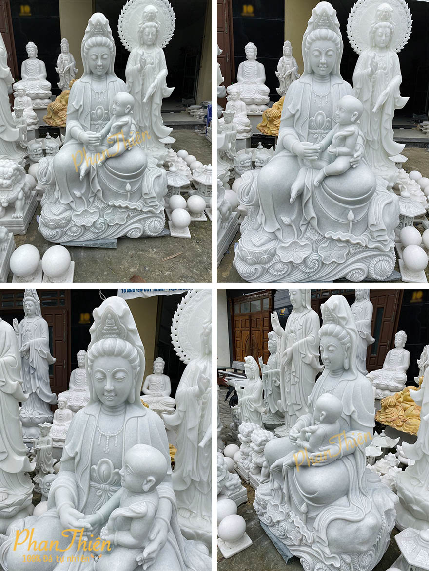 Tượng Phật Quan Âm Ngồi  Đá Cẩm Thạch Trắng Xanh (QA-11)