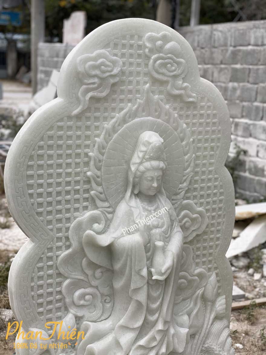 Tượng Phật Quan Âm có Hào Quang Đá Trắng Xanh