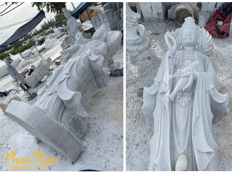 Tượng Phật Quan Âm có Hào Quang Không Đế Đá Trắng Xanh​​