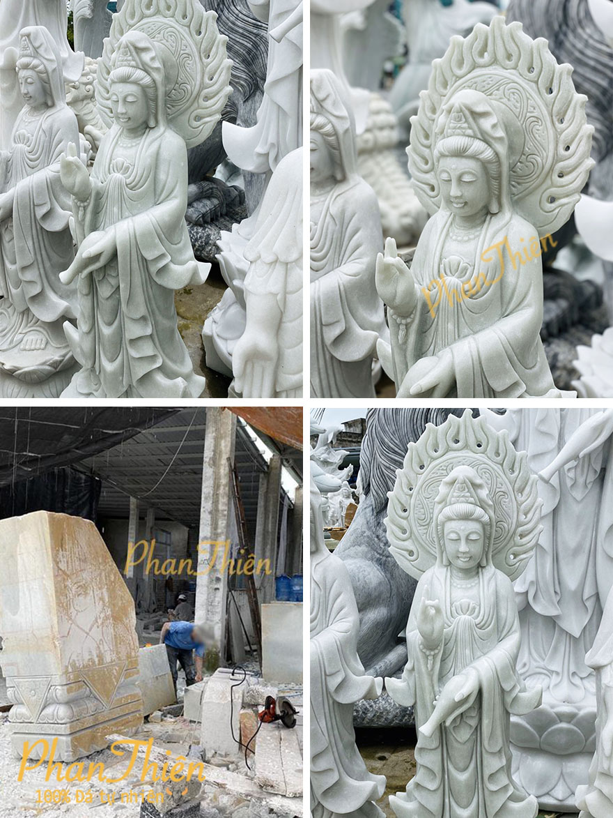 Tượng Phật Quan Âm có Hào Quang Đá Cẩm Thạch Xanh Nhạt (QA-09)