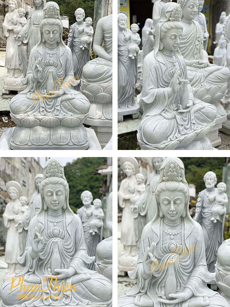 Tượng Phật Quan Âm ngồi Đài Sen Đá Cẩm Thạch Xanh Nhạt (QA-04)
