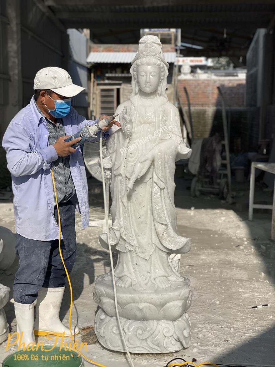 Tượng Quan Âm Đứng Đài Sen Đá Cẩm Thạch Trắng